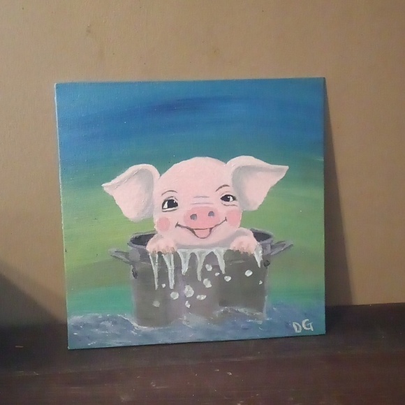 HOST PICK! Adorable Hand Painted  Piggy In A Bucket Of Water Painting 10"X10" - Picture 1 of 7